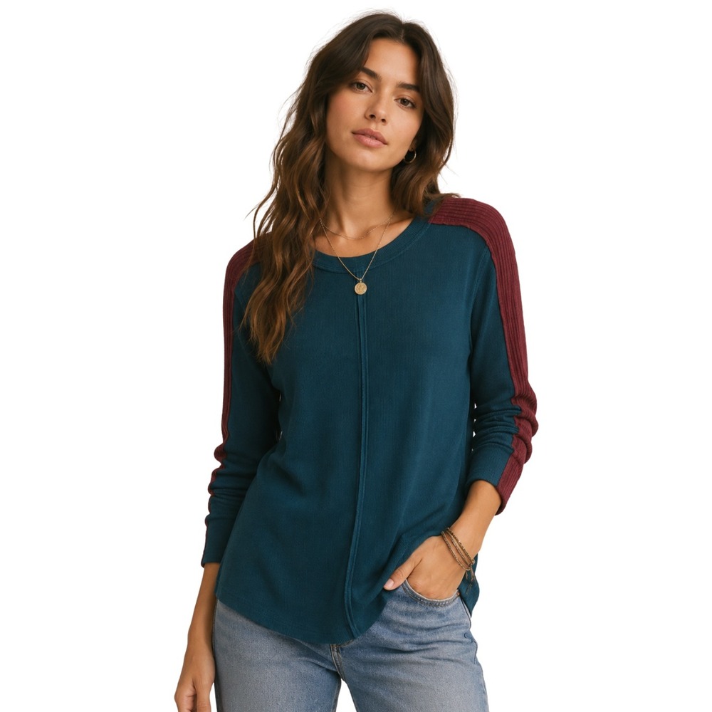 Natural Life Top Womens XL Teal Red Colorblock Waffle Knit Thermal Seam Detail